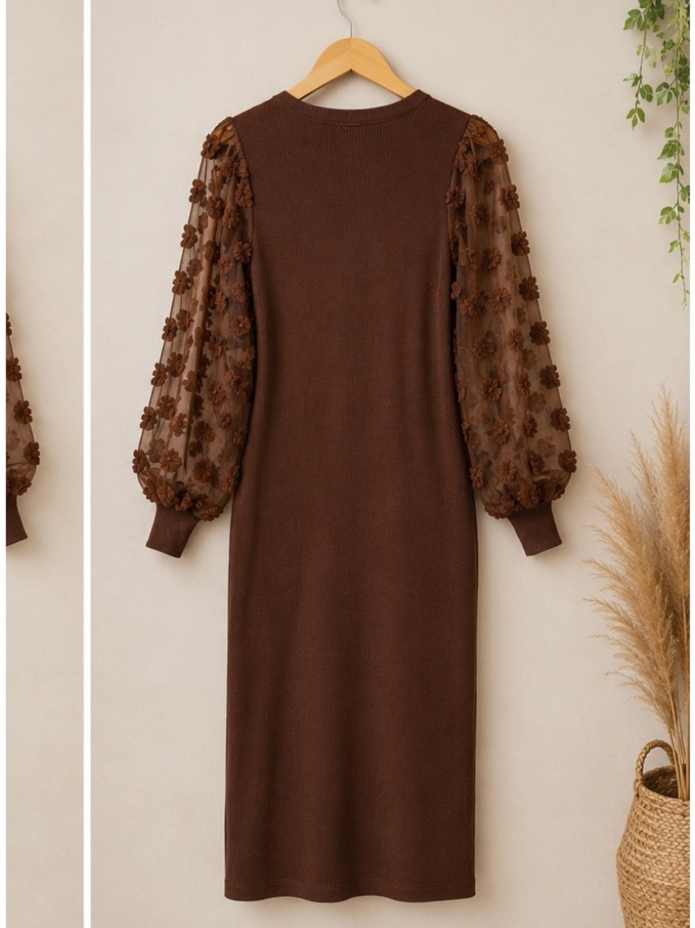 NWT Almost Famous Brown Knit Midi Dress with Floral Sheer Sleeves Size L - Picture 5 of 8